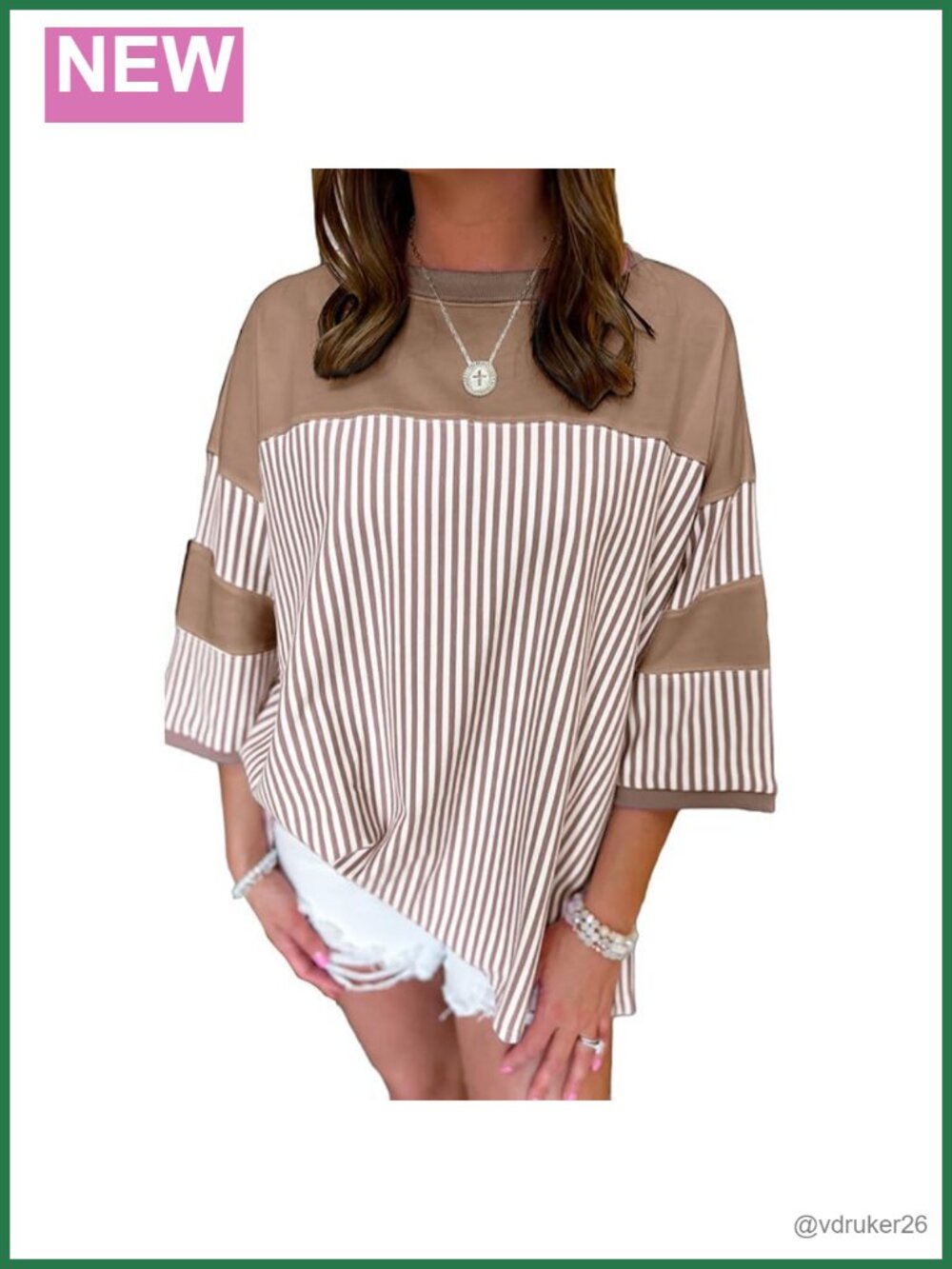 Women's Oversized Striped 3/4 Sleeve Crew Neck Tee Tunic Top